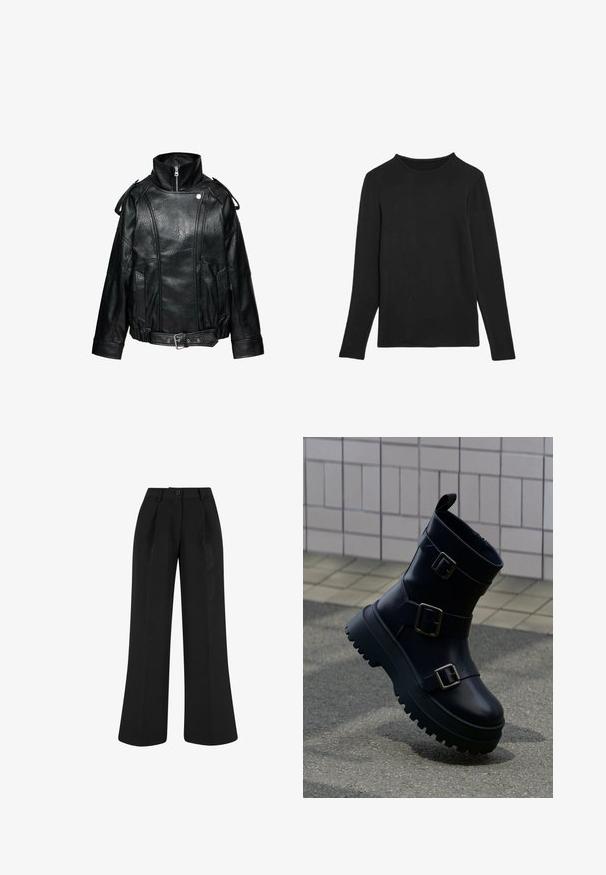 Schwarze Lederjacke mit hohem Kragen und Reißverschluss, Schulterklappen, Fronttaschen und verstellbarem Taillengürtel mit Metallschnalle.; Langärmliges schwarzes Shirt aus weichem Stoff. Verfügt über einen Rundhalsausschnitt und ein schlichtes Design ohne sichtbare Muster oder Akzente.; Schwarze, hoch taillierte, weit geschnittene Hose mit vorderen Falten, Gürtelschlaufen und Knopfverschluss am Bund.; Schwarzer Lederknöchelstiefel mit klobiger Sohle und drei verstellbaren silbernen Schnallen, gezeigt auf einem gefliesten und asphaltierten Untergrund.