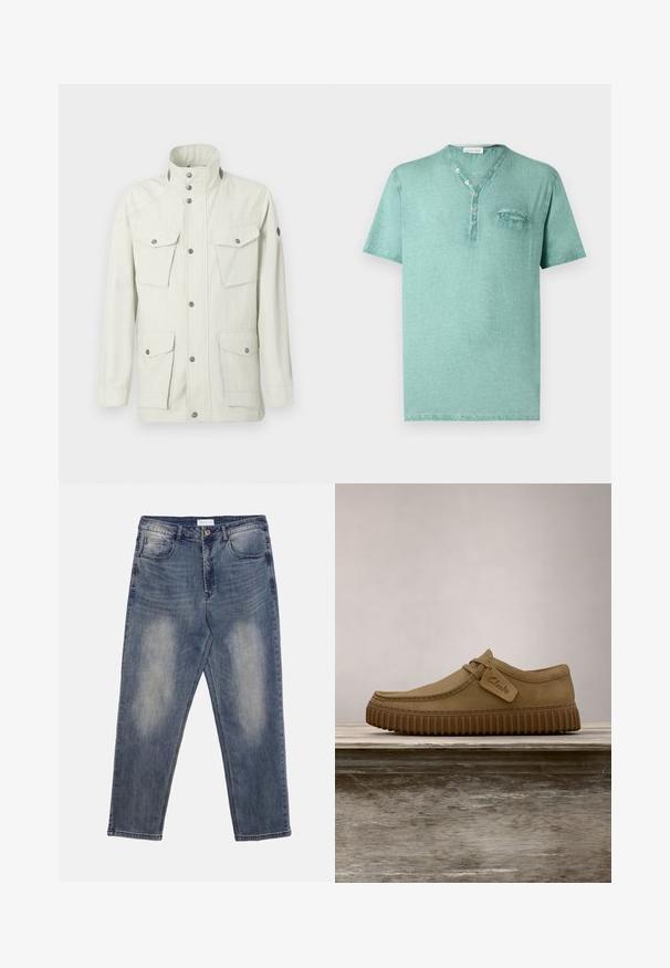 Lys beige jakke lavet af struktureret stof, med høj krave, trykknapper og fire forlommer med låg.; Herre kortærmet grøn Henley-shirt med V-hals, fire knapper og en lille brystlomme på en ensfarvet baggrund.; Blå falmede straight-leg jeans med forlommer og møntlomme, knaplukning og synlige sting langs sømmene og lommerne.; Lysebrune ruskindsko med rund tå, syet detaljer og en ribbet brun gummisål. Har et sidemærke med "Clarks" logo.