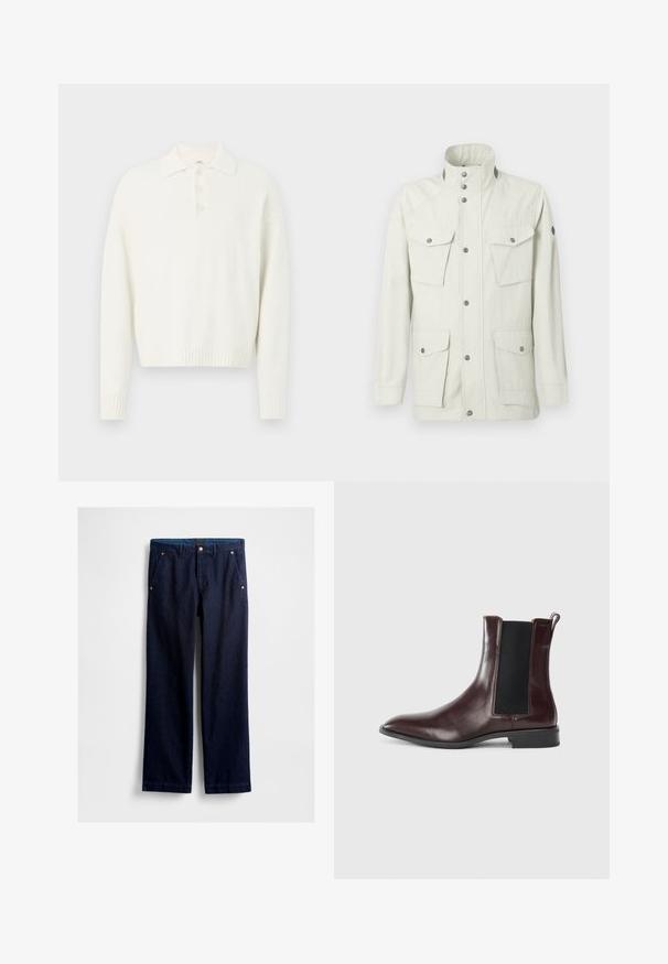 Lys beige jakke lavet af struktureret stof, med høj krave, trykknapper og fire forlommer med låg.; Hvid pullover sweater med krave, tre knapper foran og ribbede manchetter og kant. Blødt, struktureret stof med en afslappet pasform.; Mørkeblå denimbukser med lige snit, der har to forlommer, metalhardwaredetaljer og en glat finish.; Brune læder Chelsea-støvle med elastiske sidepaneler, spids tå og en glat overflade. Sort sål og diskret syning.