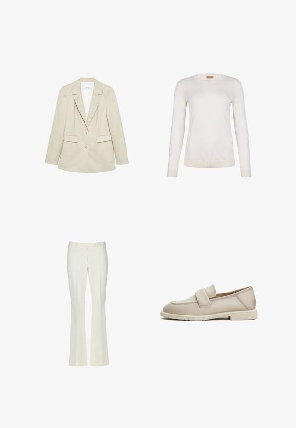Veste blazer beige pour femmes, parfaitement taillée, avec deux boutons, des revers crantés et deux poches à rabat, présentée sur un fond blanc.; Pull blanc à manches longues, fabriqué à partir d'un tissu léger et lisse. Il possède un col rond et des poignets côtelés, avec une coupe légèrement décontractée.; Pantalons évasés blancs en tissu lisse. Comprend deux poches avant et une fermeture à un bouton à l'avant, avec des détails de pin-tuck subtils.; Mocassins en cuir beige avec une texture lisse, présentant une sangle surélevée sur le dessus et une semelle en caoutchouc plate et basse.