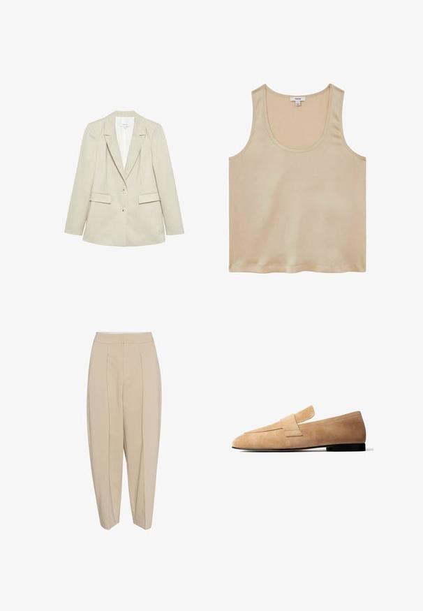 Beige Damen-Blazer mit zwei Knöpfen, Kerb-Revers und zwei Pattentaschen, auf weißem Hintergrund dargestellt.; Reiss REGULAR FIT - Bluse - neutral; Beige maßgeschneiderte Hose mit hoher Taille, gefaltetem Vorderteil und schmal zulaufendem Bein. Der Stoff wirkt glatt mit einem dezenten Glanz. Keine sichtbaren Taschen.; Hellbrauner Wildleder-Slipper mit niedrigem schwarzem Absatz und breitem Riemendetail über dem Spann, im Seitenprofil vor weißem Hintergrund dargestellt.