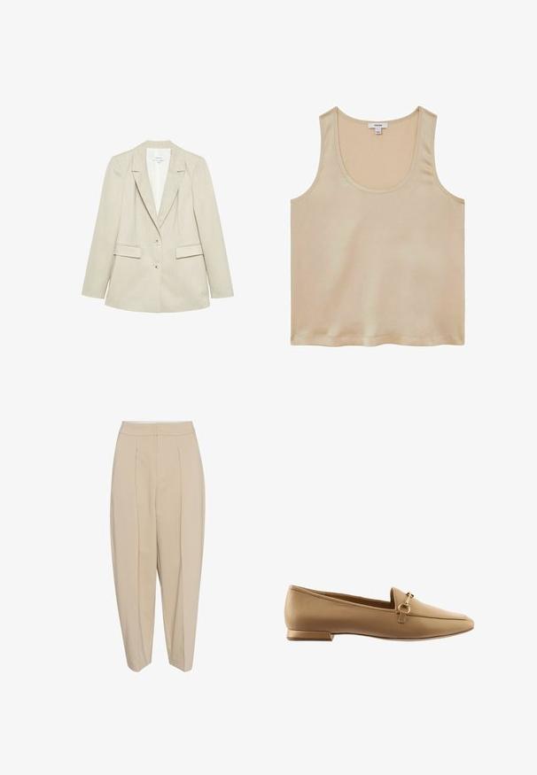 Beige damesblazer met twee knopen, inkeping revers en twee klepzakken, weergegeven op een witte achtergrond.; Reiss REGULAR FIT - Blouse - neutral; Beige op maat gemaakte broeken met een hoge taille, geplooide voorkant en taps toelopende pijpen. De stof lijkt glad met een subtiele glans. Geen zichtbare zakken.; Beige leren instappers met een vlakke hak, voorzien van een decoratieve metalen ring en accentband, een gladde textuur en een rond toel ontwerp.