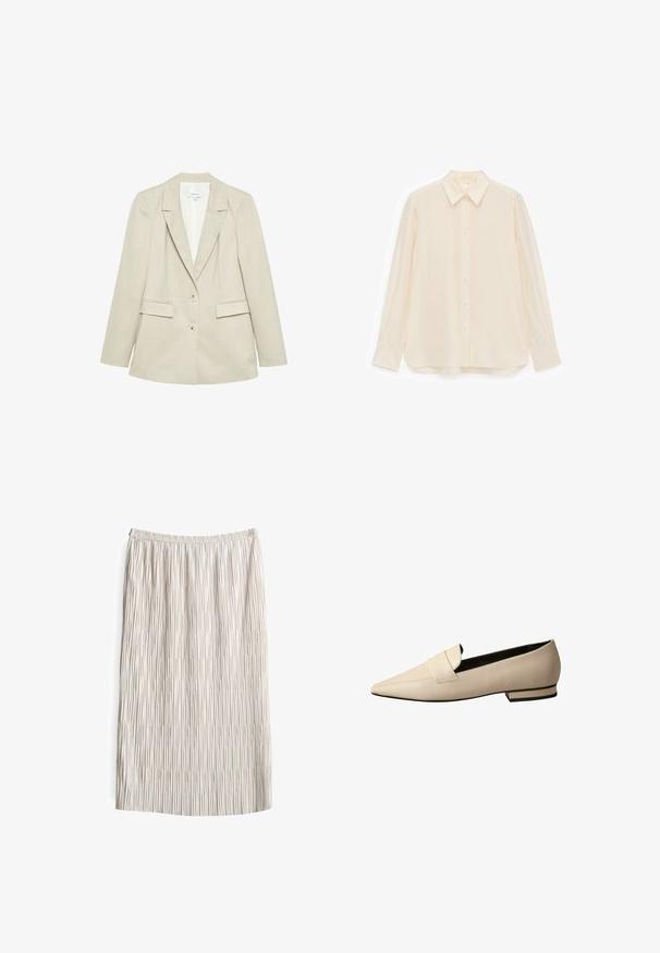 Veste blazer beige pour femmes, parfaitement taillée, avec deux boutons, des revers crantés et deux poches à rabat, présentée sur un fond blanc.; Chemise boutonnée de couleur crème en tissu lisse, dotée d'un col, de manches longues et d'un ourlet légèrement arrondi.; Jupe midi plissée en beige clair, dotée d'une taille élastique. Le tissu a une surface texturée avec des lignes verticales et un tombé doux.; Mocassins en cuir beige avec un bout pointu, comportant une large sangle sur le cou-de-pied et un petit talon empilé avec un accent noir.