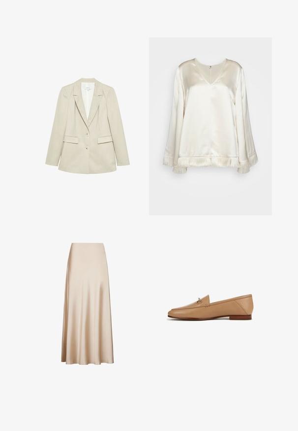 Beige damesblazer met twee knopen, inkeping revers en twee klepzakken, weergegeven op een witte achtergrond.; By Malene Birger EXCLUSIVE AVELAS - Blouse - pearl; Beige satijnen midi-rok met een gladde textuur en een uitlopende snit van taille tot zoom, met een A-lijnvorm. Geen zichtbare patronen of accenten.; TAN lederen loafer met een gladde afwerking, spitse neus en minimale stiksels, met een kleine gouden hardwareaccent op de voorkant.