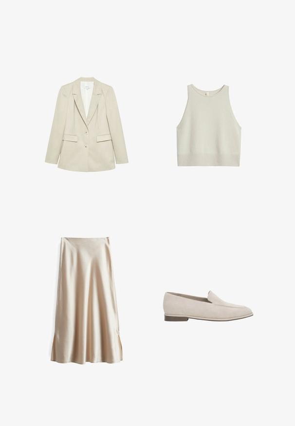 Beige Damen-Blazer mit zwei Knöpfen, Kerb-Revers und zwei Pattentaschen, auf weißem Hintergrund dargestellt.; Hellbeiges, kurz geschnittenes Tanktop aus weichem Material. Verfügt über einen runden Ausschnitt, breite Armausschnitte und einen gerippten Saum.; Satinrock in einem hellbeigen Farbton, mit einem glatten Material, ausgestelltem Design und seitlichen Schlitzen für bessere Bewegungsfreiheit.; Beiger Wildleder-Slipper mit niedrigem Absatz, spitz zulaufender Spitze und minimaler Naht am Obermaterial.