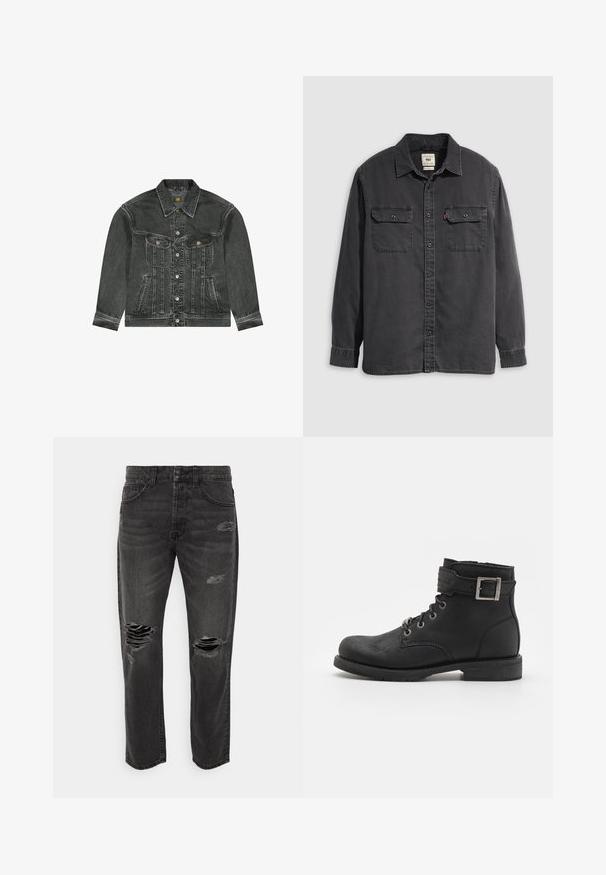 Schwarze Denim-Jacke mit Knopfleiste, zwei Brustklappentaschen, Seitentaschen und Kragen, mit sichtbaren Nähten und Lee-Markenetikett.; Schwarzes Langarmhemd mit durchgeknöpftem Vorderteil, Kragen und zwei Brusttaschen. Hergestellt aus Baumwolle mit weicher Textur und entspanntem Schnitt.; Only & Sons ONSAVI CROP BRAKES - Jeans Relaxed Fit - black denim; Schwarze Leder-Ankle-Boots mit schnürbarem Design, Metallbeschlägen und einem seitlichen Riemen mit Schnallendetail. Robuste Sohle und glatte Textur.
