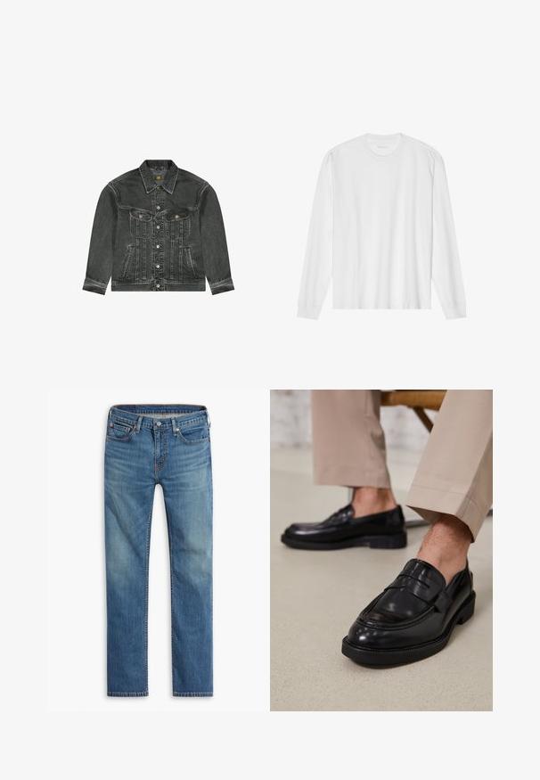Schwarze Denim-Jacke mit Knopfleiste, zwei Brustklappentaschen, Seitentaschen und Kragen, mit sichtbaren Nähten und Lee-Markenetikett.; Weißes langärmeliges Baumwoll-T-Shirt mit Rundhalsausschnitt, mit gerippten Bündchen und geradem Saum, glatter Textur und minimalistischem Design.; Blaue gerade geschnittene Jeans mit Knopf- und Reißverschluss vorne, Fünf-Taschen-Design und dezenten Ausbleichungen an Oberschenkeln und Knien.; Schwarze Lederloafers mit glatter Oberfläche, ausgestattet mit einem dekorativen Riemen und Kontrastnähten, kombiniert mit beigen Hosen.