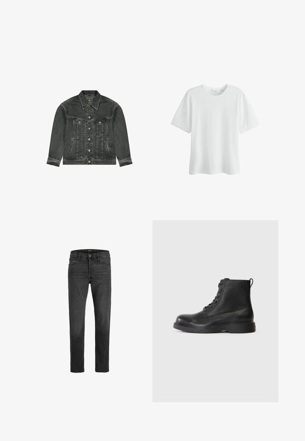Schwarze Denim-Jacke mit Knopfleiste, zwei Brustklappentaschen, Seitentaschen und Kragen, mit sichtbaren Nähten und Lee-Markenetikett.; Schlichtes weißes T-Shirt mit kurzem Arm und Rundhalsausschnitt, Größe M, vor weißem Hintergrund dargestellt.; Schwarze Denim-Jeans mit geradem Schnitt, fünf Taschen-Design und Reißverschluss. Verfügt über subtile Ausbleichungen und kontrastierende Nähte.; Schwarze Knöchelstiefel aus strukturiertem Leder mit runder Spitze, Schnürdesign und einer robusten schwarzen Gummisohle. Verfügt über eine Schlaufe an der Ferse.