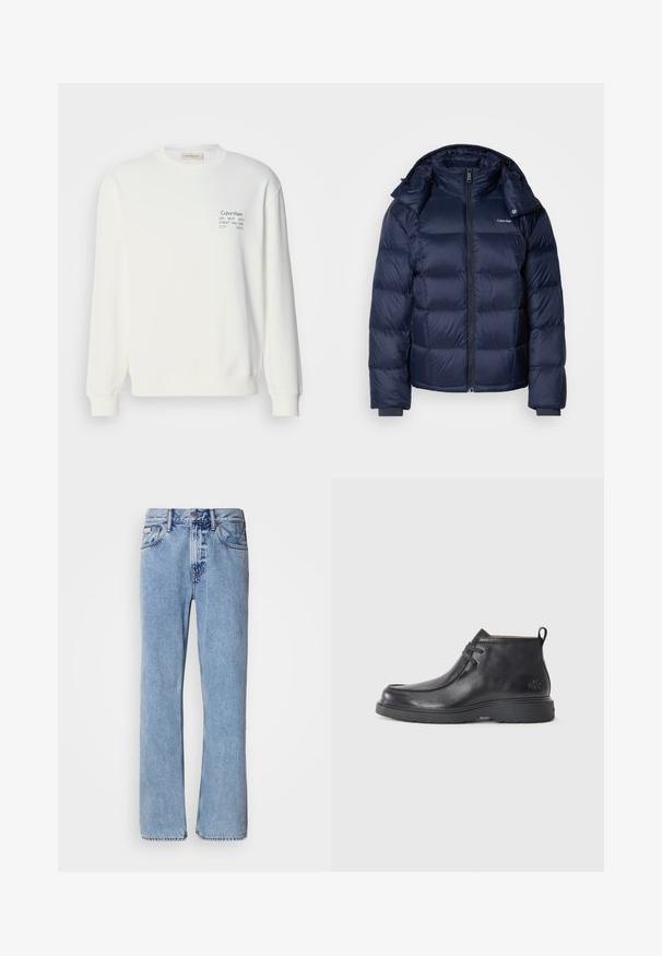 Veste doudoune marine en tissu brillant et matelassé. Comprend un col haut, une fermeture éclair frontale intégrale et des poignets ajustés pour plus de chaleur. Logo sur la poitrine.; Sweatshirt en coton blanc à manches longues, col rond et logo imprimé sur la poitrine, avec des poignets et un ourlet côtelés.; Jean en denim bleu clair avec une coupe droite, cinq poches et une fermeture à bouton. Détails de couture près des poches et de la taille.; Bottes noires en cuir à talon arrondi, avec un design à lacets et une languette à l'arrière. Tige texturée et semelle en caoutchouc.