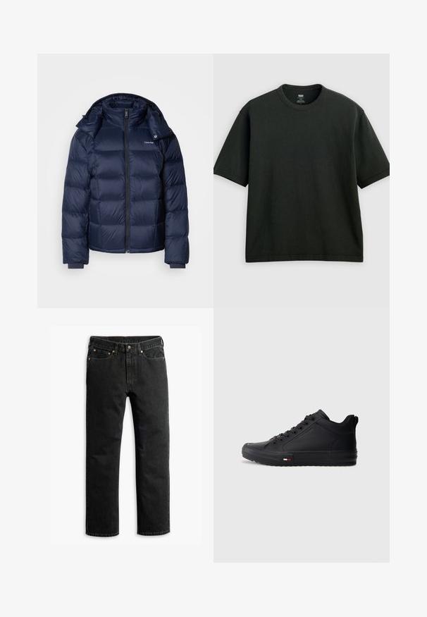 Veste doudoune marine en tissu brillant et matelassé. Comprend un col haut, une fermeture éclair frontale intégrale et des poignets ajustés pour plus de chaleur. Logo sur la poitrine.; T-shirt noir à manches courtes avec col rond, coupe ample, présenté sur un fond gris clair uniforme.; Jean en denim noir à jambe droite avec cinq poches, passants de ceinture et fermeture par bouton à la taille, disposé à plat sur un fond blanc.; Baskets montantes noires avec une tige synthétique lisse, un bout rond, une semelle plate et un petit accent rouge, blanc et bleu sur le côté.