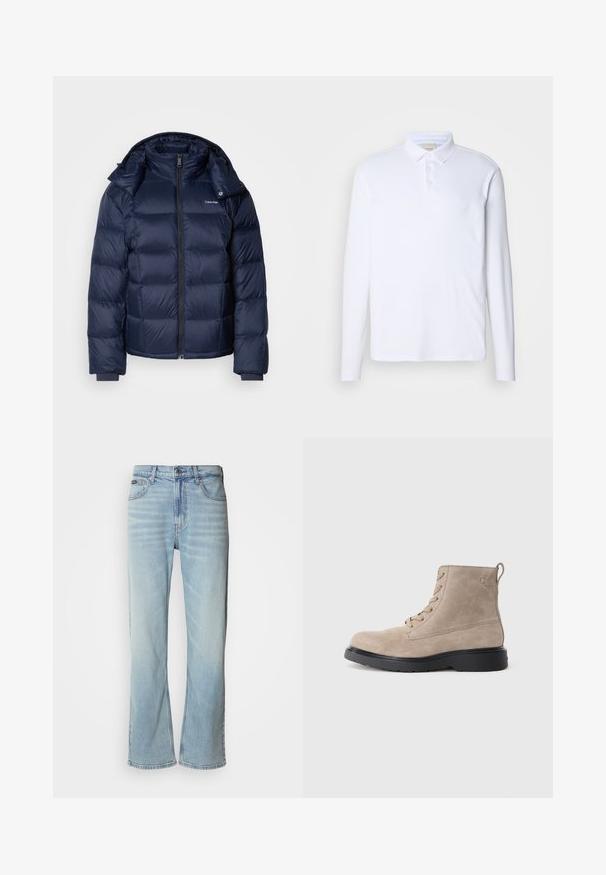 Marine blauwe pufferjack met glanzende, gewatteerde stof. Heeft een hoge kraag, een volledige rits aan de voorkant en aansluitende manchetten voor warmte. Logo op de borst.; Wit poloshirt met lange mouwen van zachte stof, met een klassieke kraag, een drie-knopen sluiting en een subtiele logo op de borst.; Lichtblauwe denim jeans met een rechte pijp, voorzien van vijf zakken, een knoopsluiting en subtiele vervaging op de stof.; Beige suède enkellaarsjes met zwarte rubberen zool, vetersluiting en een klein logo dat aan de zijkant is gedrukt, voorzien van een trekloop aan de achterkant.