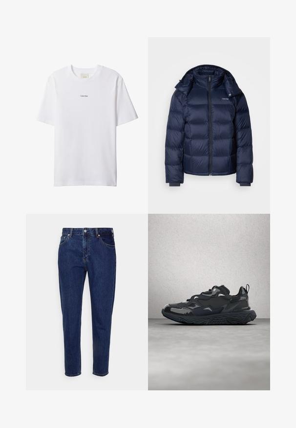 Marine blauwe pufferjack met glanzende, gewatteerde stof. Heeft een hoge kraag, een volledige rits aan de voorkant en aansluitende manchetten voor warmte. Logo op de borst.; Witte katoenen T-shirt met een ronde hals en korte mouwen. Heeft een klein zwart "Calvin Klein"-logo in het midden van de borst.; Donkerblauwe straight-leg spijkerbroek met knoop- en ritssluiting aan de voorkant, riemlussen, en voor- en achterzakken.; Zwarte hardloopschoen met een gestructureerd bovenwerk, gladde accenten en een dikke zool met een golvend profiel, ontworpen voor comfort en duurzaamheid.