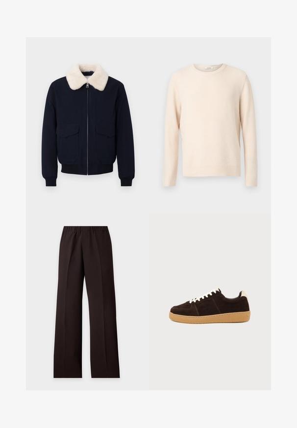 Veste bomber marine avec un col en fausse fourrure crème; comprend une fermeture éclair et deux poches avant; poignets et ourlet côtelés.; Pull en tricot à manches longues de couleur crème avec un motif texturé, des poignets et un ourlet côtelés, et un col rond.; Pantalon noir à jambes larges avec taille élastique et plis droits à l'avant, présenté sur un fond clair uni.; Baskets en daim marron foncé avec lacets blancs, languette beige au talon et semelle en caoutchouc marron clair vues de côté sur un fond uni.