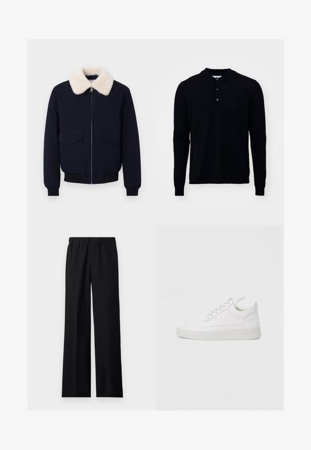 Veste bomber marine avec un col en fausse fourrure crème; comprend une fermeture éclair et deux poches avant; poignets et ourlet côtelés.; Polo à manches longues en marine foncé, fabriqué en tissu tricoté fin. Avec un col, une patte de boutonnage à trois boutons et des poignets côtelés.; sandro Pantalon classique - noir; Baskets en cuir blanc avec un embout arrondi, une semelle plate et un laçage à l'avant. Présentent des détails de couture et un col rembourré pour plus de confort.