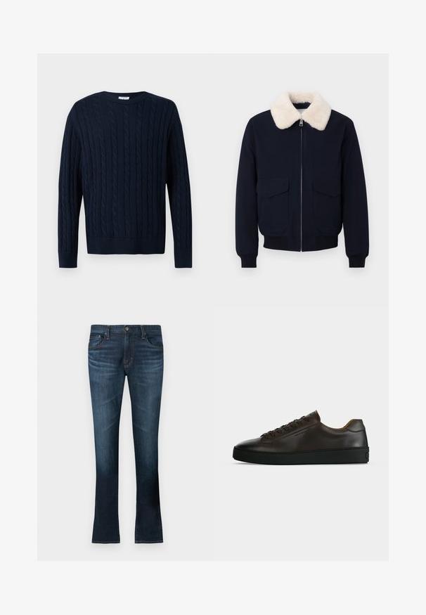 Ναυτικό bomber μπουφάν με γιακά από κρεμ τεχνητό shearling· διαθέτει φερμουάρ κλεισίματος και δύο μπροστινές τσέπες· ριμπ μανσέτες και τελείωμα.; Μπλε σκούρο πουλόβερ με πλέξη καλωδίου, μακριά μανίκια και στρογγυλή λαιμόκοψη, με κάθετο πλεκτό μοτίβο και ριμπ τελειώματα σε μανίκια και τελείωμα.; Σκούρα μπλε τζιν με φαρδιά γραμμή στα πόδια, κατασκευασμένα από υλικό denim, με εμπρόσθιες τσέπες και κούμπωμα με κουμπί.; Αθλητικό παπούτσι με χαμηλό προφίλ από σκούρο καφέ δέρμα, μαύρη καουτσούκ σόλα, μπροστινό δέσιμο με κορδόνια και απλό, μινιμαλιστικό σχεδιασμό σε ανοιχτό φόντο.