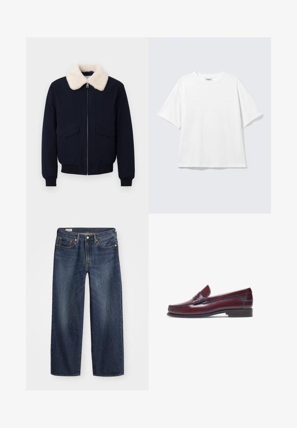 Veste bomber marine avec un col en fausse fourrure crème; comprend une fermeture éclair et deux poches avant; poignets et ourlet côtelés.; T-shirt blanc oversize à manches courtes, col rond, épaules tombantes, posé à plat sur fond gris clair.; Jean en denim bleu foncé avec une coupe droite, design à cinq poches, bouton en métal et fermeture éclair, et motifs de décoloration légère.; Mocassin en cuir bordeaux avec un bout arrondi, des détails cousus et un petit accent décoratif sur le devant. Semelle plate contrastante.
