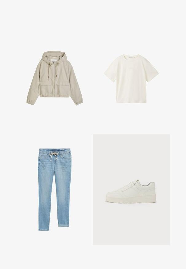 Beige cropped capuchonjas met rits aan de voorkant, trekkoord in de capuchon, twee klepzakken en elastische boorden en zoom.; TOM TAILOR DENIM T-shirt basic - gardenia white; Lichtblauwe denim jeans met een rechte pasvorm, elastische drawstring taille, opgerolde cuffs en front pockets. Ontworpen met subtiele vervagingen.; Witte sneaker met een gladde leren buitenkant, ronde neus, zes oogjes, gevoerde kraag en een gestructureerde rubberen zool. Subtiel merkembleem aan de zijkant.