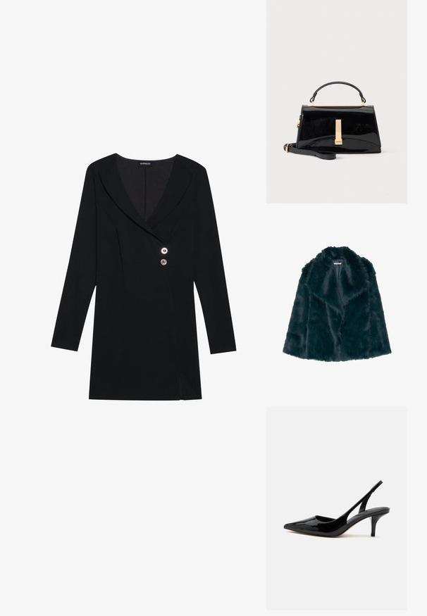 Faux fur jas in diep teal met een zachte, pluche textuur en een brede kraag, met een open voorkant en zonder zichtbare sluitingen.; Zwarte jurk met lange mouwen, V-hals en dubbele knoopsluiting. Bevat een zijsplit en heeft een getailleerd ontwerp voor een gestructureerd silhouet.; Zwarte lakleren slingback kitten heel schoen met puntige neus en lage, smalle hak op witte achtergrond.; Glanzende zwarte handtas met bovenhandvat, gouden gesp en afneembare schouderriem op een effen lichte achtergrond.