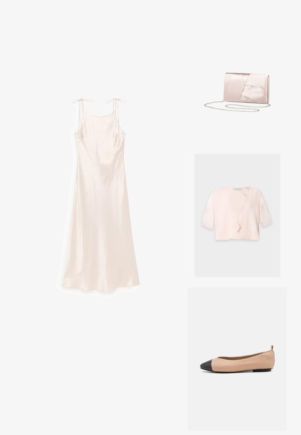 Lyserød cropped bluse med halvlange ærmer og et løst, åbent frontdesign på ensfarvet baggrund.; Lyserød satin natkjole med tynde, justerbare stropper og en lige halsudskæring, vist på en hvid baggrund.; Læderballetflade med en nude farve og sort tætsko. Har et minimalistisk design, glat tekstur og en lille bagløkke for nem påføring.; Satin clutch taske i blød pink med plisseret design; har en sølv kæderem og en strømlinet rektangulær form.