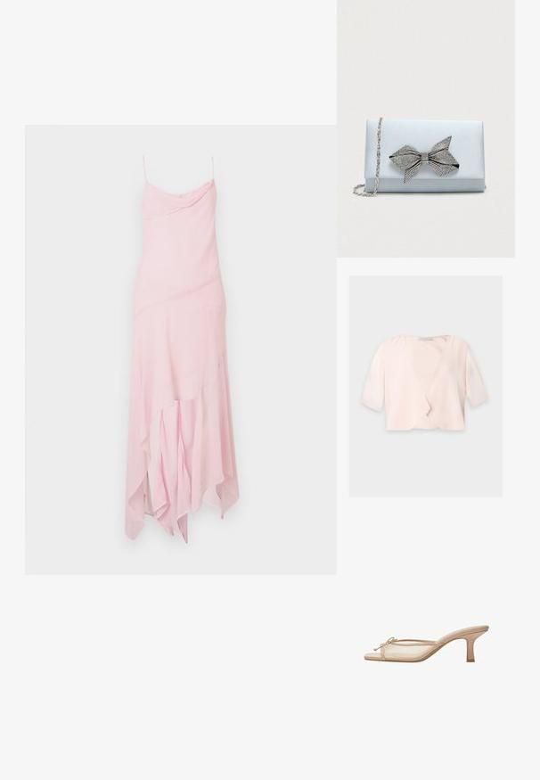 Blouse courte rose clair avec manches trois quarts et un design devant ouvert et ample sur un fond uni.; Robe midi rose avec fines bretelles, présentant un corsage drapé et un ourlet asymétrique. Fabriquée en tissu léger et fluide avec une texture lisse.; Mule beige à bout ouvert avec côtés en mesh transparent, petit talon kitten bas et un petit nœud sur la bride avant.; Pochette en satin bleu clair avec une chaîne en argent et un grand nœud en strass sur le rabat avant.
