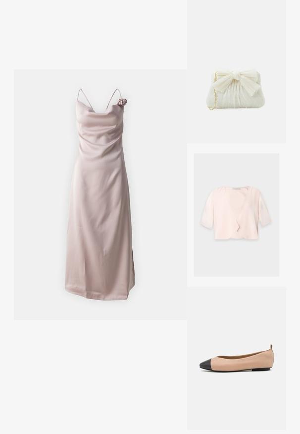 Lyserød cropped bluse med halvlange ærmer og et løst, åbent frontdesign på ensfarvet baggrund.; Satin sundress i lys pink med tynde stropper og en draperet halsudskæring, prydet med en roseaccent på venstre skulder.; Læderballetflade med en nude farve og sort tætsko. Har et minimalistisk design, glat tekstur og en lille bagløkke for nem påføring.; Hvid plisseret clutch-taske med en fremtrædende sløjfedetalje og en guldkædetras. Blød tekstur med et samlet design på forsiden.
