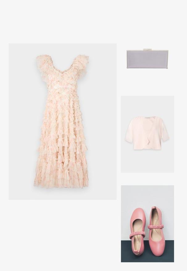 Svetloružová krátka blúzka s polovičnými rukávmi a voľným, otvoreným predným dizajnom na jednofarebnom pozadí.; Needle & Thread DITSY LOLA BACKLESS BALLERINA DRESS - Koktailové šaty/večierkové šaty - moonshine pink; Ružové kožené baletky s guľatou špičkou, s nariaseným pásikom cez priehlavok a hladkým vnútorným podšívaním.; Obdĺžniková levanduľová kabelka vyrobená z textúrovaného materiálu s hladkými hranami. Obsahuje strieborné zapínanie na klip na vrchu.