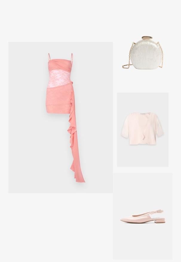 Hellrosa kurz geschnittene Bluse mit halblangen Ärmeln und lockerem, offenem Frontdesign auf einfarbigem Hintergrund.; Rosa Cocktailkleid mit tailliertem Oberteil, Raffung, Spitzenakzenten, Spaghettiträgern und einem drapierten Volantdetail auf einer Seite.; Glänzender, blassrosa Slingback-Ballerina mit niedrigem Blockabsatz und markenprägtem, verstellbarem Riemen vor hellem Hintergrund.; Runde weiße perlmuttfarbene Clutch mit goldfarbenem Verschluss und passendem goldfarbenem Kettenriemen auf weißem Hintergrund.