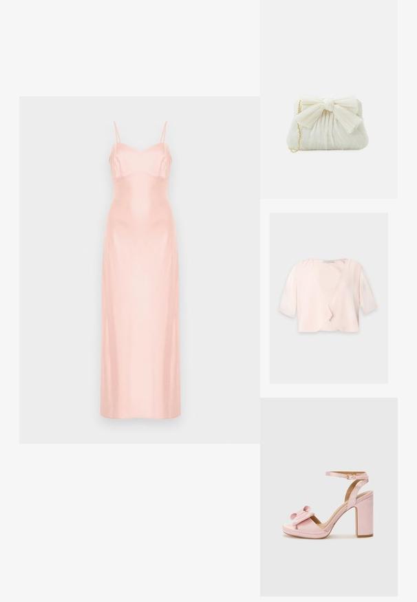 Blusa corta de color rosa claro con mangas hasta el codo y un diseño delantero suelto y abierto sobre un fondo liso.; Vestido largo de satén rosa pálido con finos tirantes de espagueti y corpiño ajustado, mostrado sobre un fondo blanco liso.; Sandal de tacón alto de satén rosa con punta redonda, tira ancha que presenta un detalle de lazo y una correa en el tobillo con un hebilla dorada.; Bolso de mano plisado blanco con un destacado detalle de lazo y una correa de cadena dorada. Textura suave con un diseño fruncido en la parte frontal.