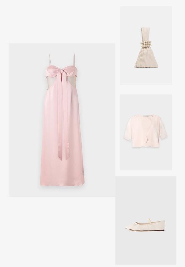 Lichtroze cropped blouse met halflange mouwen en een losse, open voorkant op een effen achtergrond.; Roze satijnen jurk met smalle bandjes, strikdetail bij de buste en doorschijnende zijkanten. Vloerlengte met een gladde textuur.; Ballerina's met een lichte beige suède bovenwerk, een puntige neus en een dunne elastische band over de wreef. Platte zool met een minimale rubberen accent.; Kleine beige handtas met plooien, voorzien van een geknoopt handvat en drie ronde kralenarmbanden die rond het midden zijn gewikkeld.