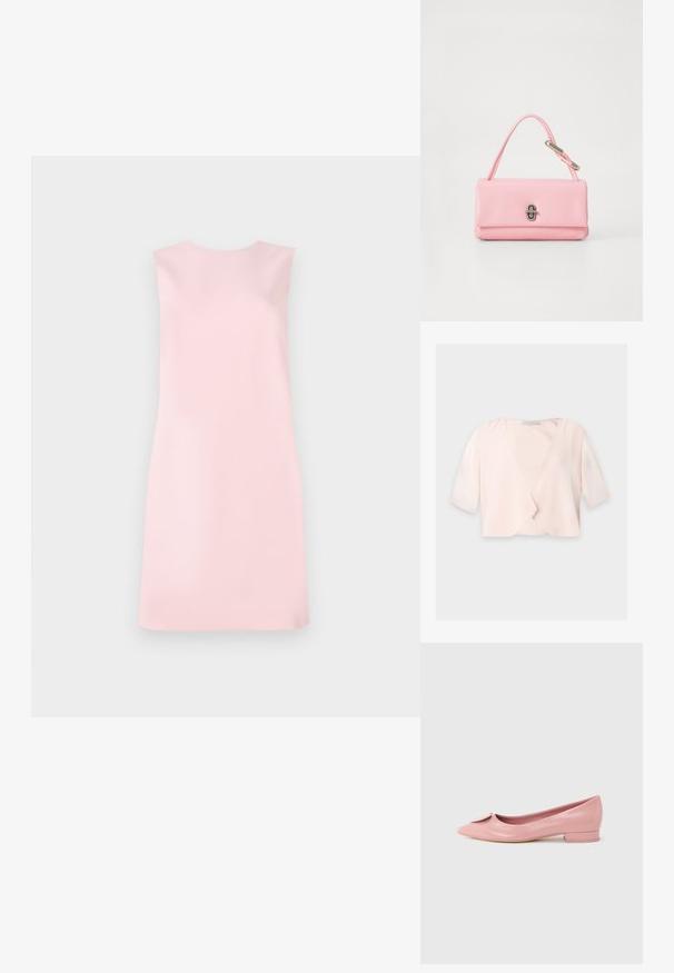 Blusa corta de color rosa claro con mangas hasta el codo y un diseño delantero suelto y abierto sobre un fondo liso.; Vestido sin mangas de suave tejido rosa, con una forma A-line simple, escote redondo y textura lisa sin patrones ni adornos.; Bailarina plana de charol rosa con punta puntiaguda, con un pequeño lazo en el empeine y un tacón bajo y cuadrado.; Bolso de mano de cuero rosa con una forma rectangular estructurada, un único asa corta y un detalle de cierre en tono plateado en la parte delantera.
