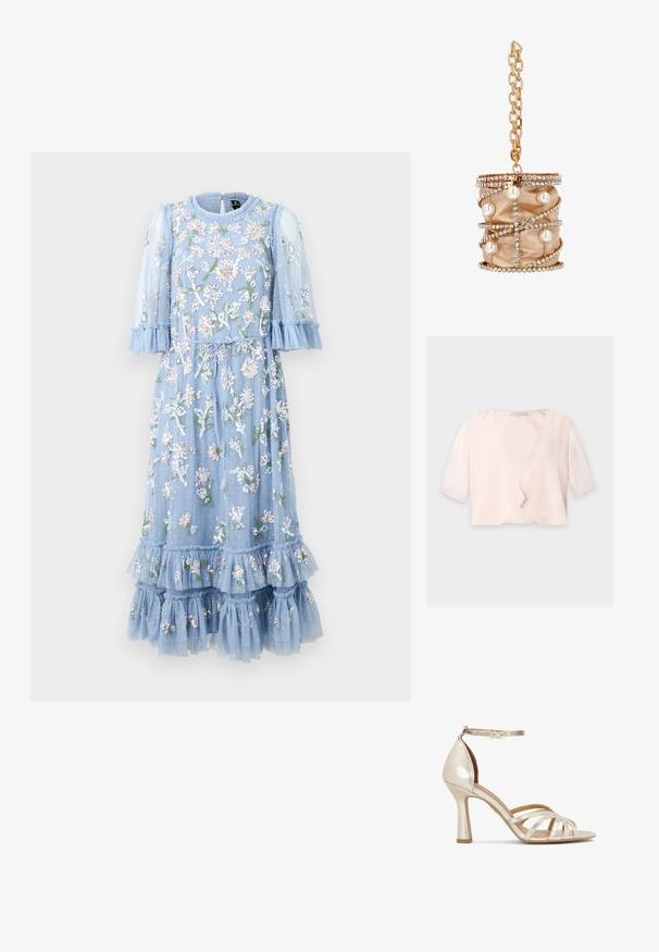 Hellrosa kurz geschnittene Bluse mit halblangen Ärmeln und lockerem, offenem Frontdesign auf einfarbigem Hintergrund.; Hellblaues, floral besticktes Kleid aus transparentem Stoff mit Rüschensleeven und Rüsche am Saum. Es hat eine Bindegürtel und geschichtete Fransenakzente.; Metallisch goldene High-Heelsandale mit offenem Zeh, Kreuzriemen und Knöchelriemen. Glatte Textur und zugespitztes Absatzdesign.; Beige satinierte zylindrische Handtasche, verziert mit Strass- und Perlendekorationen, mit einem goldenen Kettenhenkel.