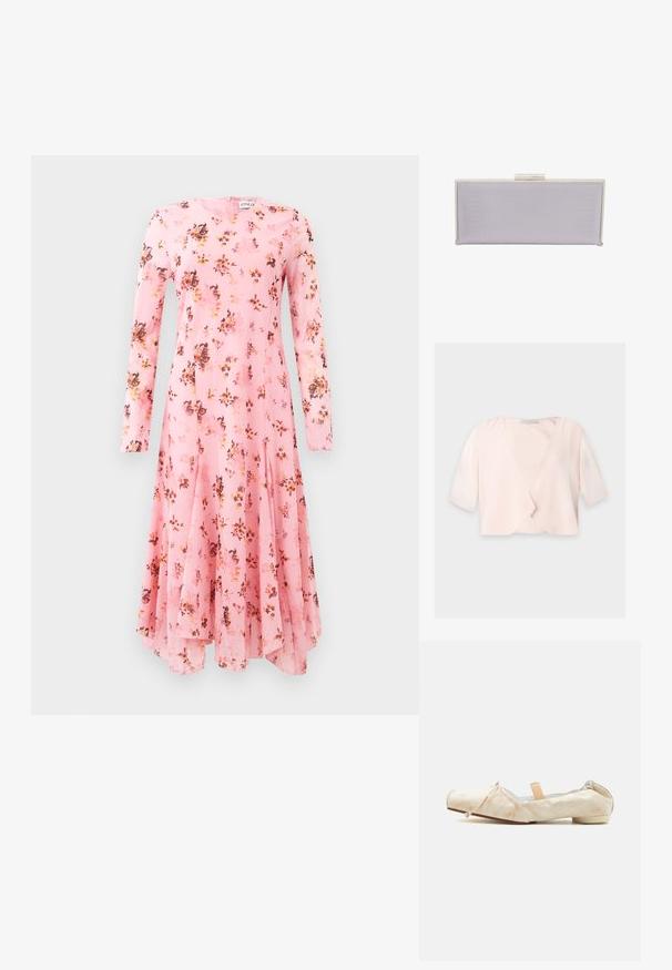Lyserød cropped bluse med halvlange ærmer og et løst, åbent frontdesign på ensfarvet baggrund.; Langærmet pink kjole med blomsterprint, der har rund halsudskæring og flagrende kant. Letvægtigt stof med en glat tekstur.; Beige blødt stof balletsko med lav hæl, elastisk bagpå, sløjfedetalje på tåen og en ferskenfarvet elastisk rem over vristen.; Rektangulær lavendel clutch lavet af tekstureret materiale med glatte kanter. Har en sølv spænde lukning på toppen.