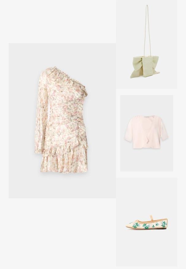 Blouse courte rose clair avec manches trois quarts et un design devant ouvert et ample sur un fond uni.; Robe à une épaule à imprimé floral en tissu léger, avec volants, manches longues, détails froncés et ourlet à volants dans des tons pastels.; Ballerine beige à bout pointu, avec une bride unique et une broderie florale verte et bleu clair sur les côtés en tulle transparent.; Sac beige avec un corps en tricot texturé et un grand nœud. Il est doté d'une longue sangle fine et d'une base douce et lisse.