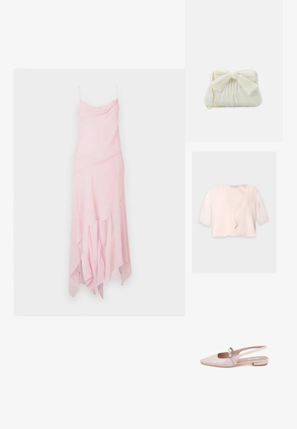 Lichtroze cropped blouse met halflange mouwen en een losse, open voorkant op een effen achtergrond.; Roze midi-jurk met dunne banden, met een gedrapeerde bovenkant en een asymmetrische zoom. Gemaakt van lichte, vloeiende stof met een zachte textuur.; Desa Ballerina's - pink; Witte geplooide clutchtas met een opvallende strikdetail en een gouden kettinghengsel. Zachte textuur met een geplooid ontwerp aan de voorkant.