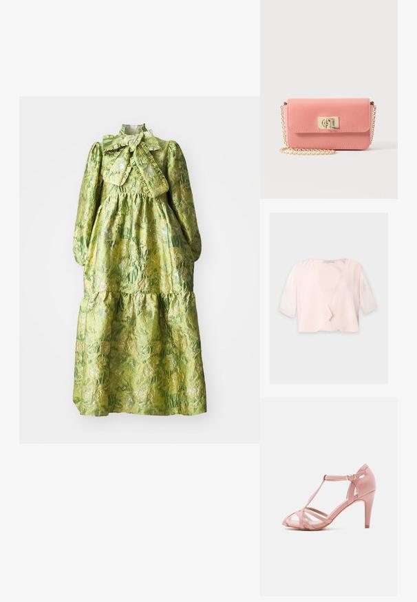 Lyserød cropped bluse med halvlange ærmer og et løst, åbent frontdesign på ensfarvet baggrund.; Grøn langærmet kjole med høj krave, lagdelt design og en tekstureret blomstermønster. Indeholder en stor sløjfe ved halsudskæringen.; Lyserød højhælet sandal med åben tå, med T-rem-design, meshpaneler og en slank hæl. Glat tekstur med en blank finish.; Lyserød læder crossbody taske med guldkæde stropp og rektangulært guldspænde på hvid baggrund.