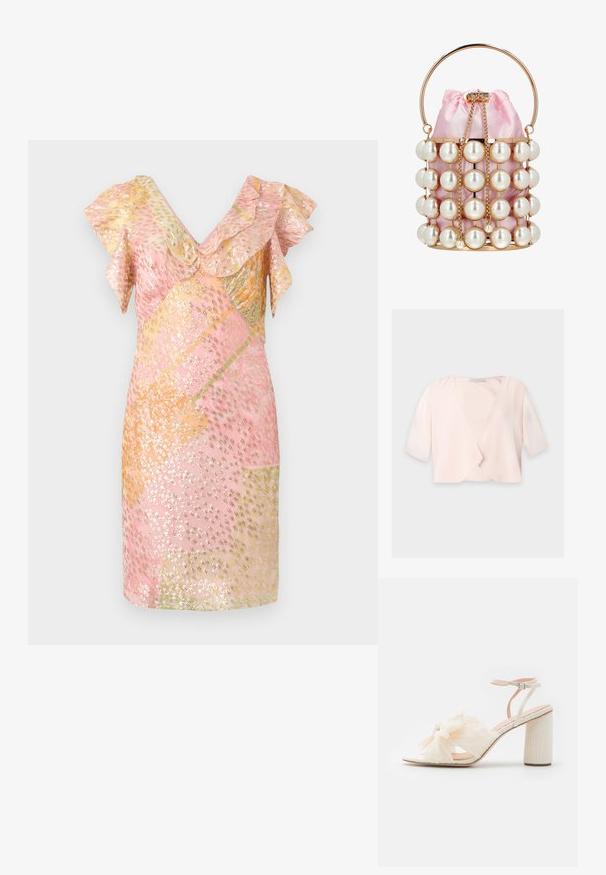 Hellrosa kurz geschnittene Bluse mit halblangen Ärmeln und lockerem, offenem Frontdesign auf einfarbigem Hintergrund.; Pinke Kleid mit Paillettenverzierung und Rüschensleeves, ausgestattet mit einem geometrischen Muster in Gold- und Pastellfarben, kurzer Länge und weichem Stoff.; Damen Hochhackige Sandalen in Creme. Mit einem strukturierten Schleifendetail, offener Zehenpartie und einem dicken Blockabsatz mit geripptem Design. Verstellbarer Knöchelriemen.; Kleine rosa Satin-Eimer-Tasche mit goldenem Rahmen, großen künstlichen Perlen, goldenem Kettenziehband und rundem goldenem Griff.