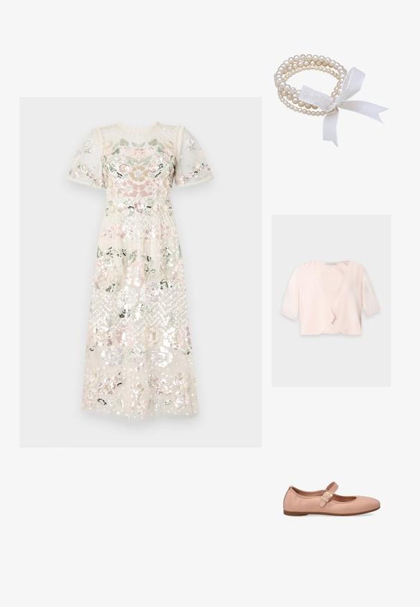 Blouse courte rose clair avec manches trois quarts et un design devant ouvert et ample sur un fond uni.; Robe en tissu léger et pailleté avec broderies florales dans des couleurs pastel. Manches courtes bouffantes et décolleté rond. Longueur midi.; Ballerines en cuir rose avec un bout rond et une seule sangle réglable au-dessus de l'arche. Semelle plate en caoutchouc. Texture lisse.; Bracelet en perles blanches à plusieurs brins, avec des perles de tailles variées. Noué avec un délicat nœud en ruban blanc transparent.
