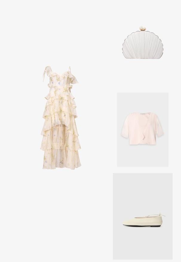 Lyserød cropped bluse med halvlange ærmer og et løst, åbent frontdesign på ensfarvet baggrund.; Blomstret kjole med lagdelte volanger, spaghetti stropper og en høj-lav kant. Fremstillet af let, flydende stof i blød creme og pastelfarver.; Cremefarvede flade sko med rund tå, ankelrem og kontrasterende sort gummisål. Glat materiale med minimal detaljer.; Hvid clutch formet som en muslingeskal med plisseret tekstur og gyldent lås toppet med to perle-lignende perler.