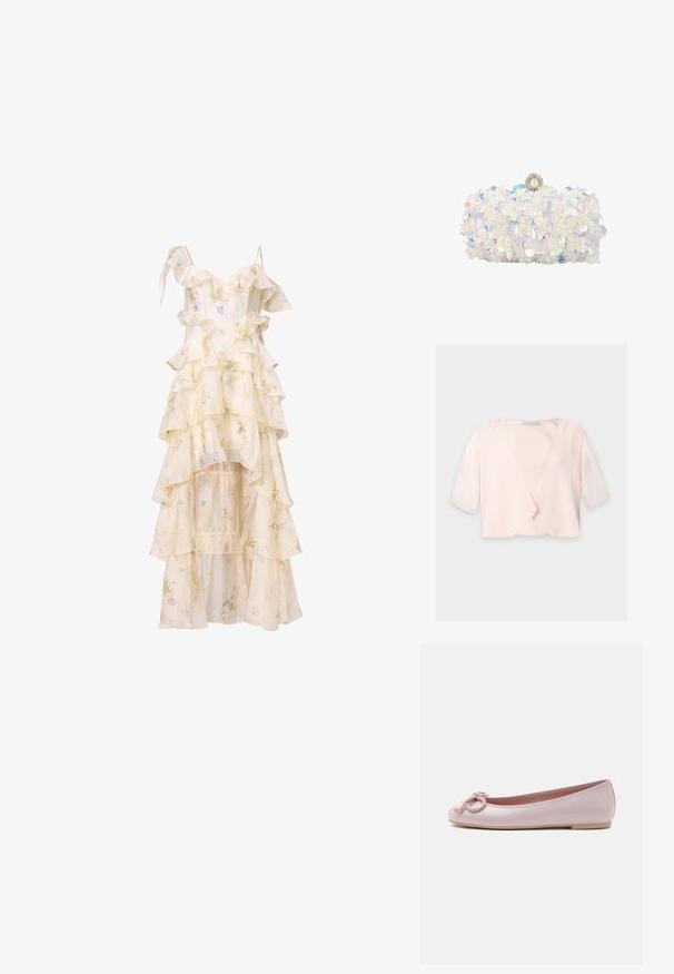 Lyserød cropped bluse med halvlange ærmer og et løst, åbent frontdesign på ensfarvet baggrund.; Blomstret kjole med lagdelte volanger, spaghetti stropper og en høj-lav kant. Fremstillet af let, flydende stof i blød creme og pastelfarver.; Lyserød lakballerina med rundet tå, snoet snøre sløjfe foran og lav beige sål på hvid baggrund.; Hvid clutch-taske dækket med iriserende blomsterapplikationer og perleaccents, med perlelås øverst.