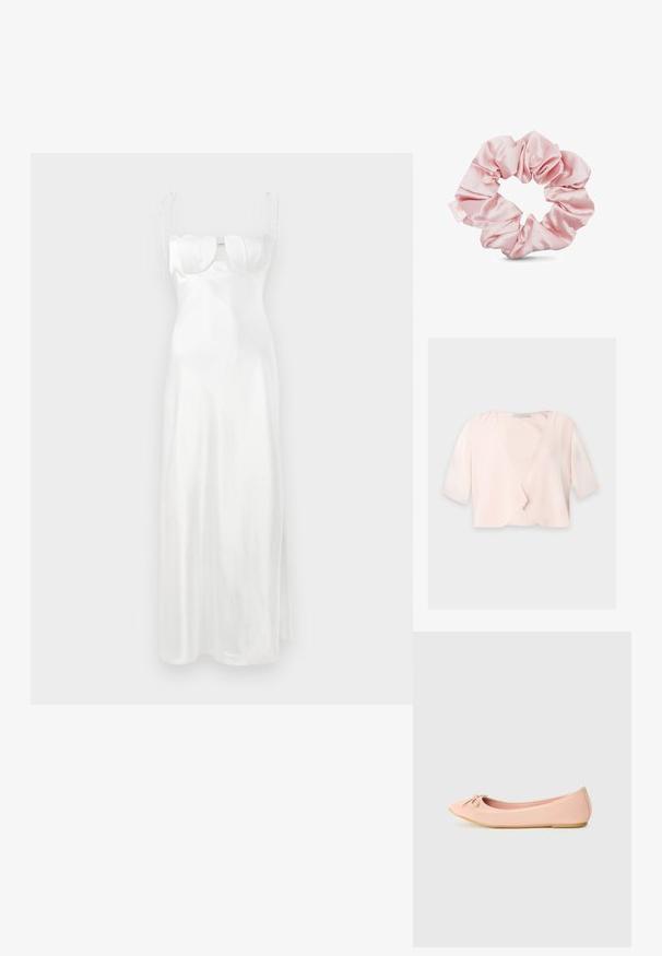 Blouse courte rose clair avec manches trois quarts et un design devant ouvert et ample sur un fond uni.; Robe maxi en satin blanc avec un bustier ajusté, décolleté en cœur doux, bretelles fines réglables et une fente sur le côté. Texture lisse et brillante.; Ballerine en matériau synthétique rose clair avec un bout arrondi, ornée d'un petit nœud et d'une semelle flexible.; Chouchou en satin rose avec une texture lisse, présentant un design froncé et une petite étiquette avec le logo de la marque. Forme circulaire pour le coiffage des cheveux.