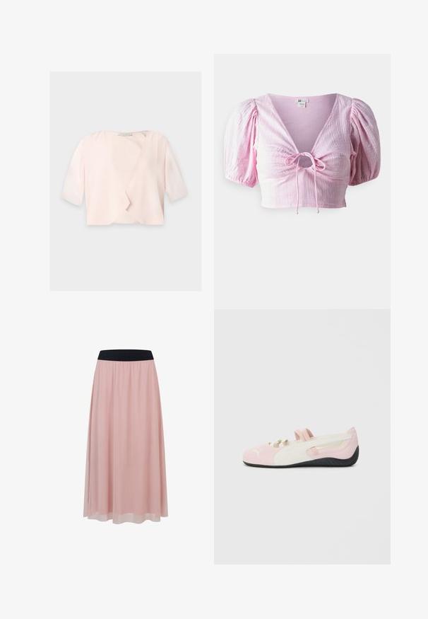 Lyserosa cropped bluse med halvlange ermer og et løst, åpent frontdesign på ensfarget bakgrunn.; Kort rosa cropped bluse med V-hals, puffede ærmer og en midterste snoredetalje. Tekstureret stof med en subtil glans.; Rosa ankel-lang skjørt med et gjennomsiktig ytre lag og en bred svart elastisk midjebånd.; Rosa semskede slip-on sko med hvite detaljer, gummisåle og elastiske stropper. Har et teksturert design og en liten logo foran.