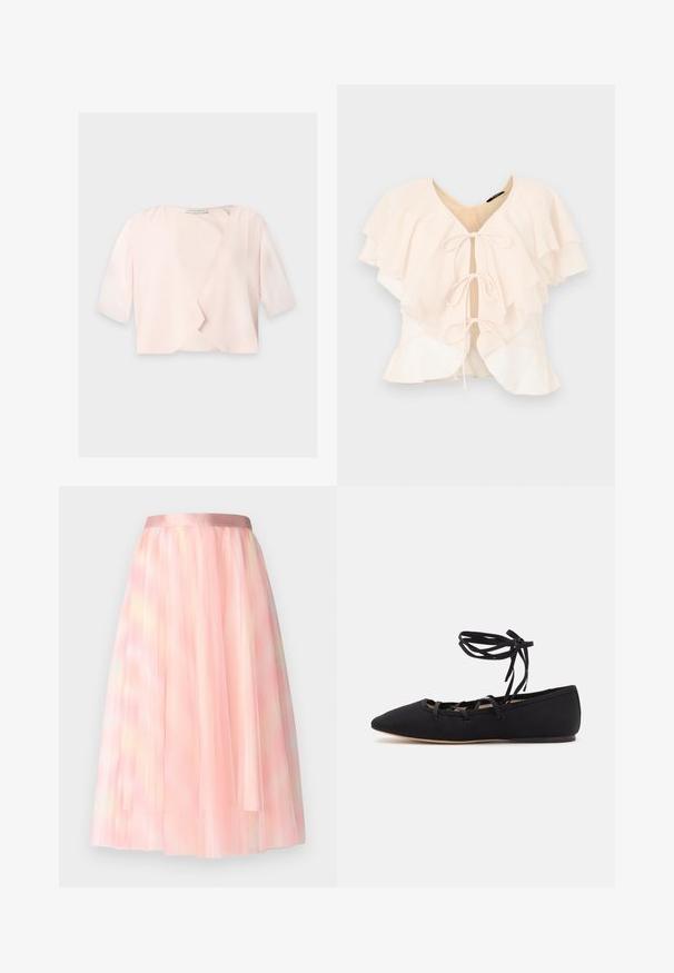 Lyserød cropped bluse med halvlange ærmer og et løst, åbent frontdesign på ensfarvet baggrund.; Lys pink skjorte med lagdelte flæser, V-udskæring og tre sløjfer foran. Blødt stof og flydende design.; Ida Sjöstedt FLAWLESS SKIRT - A-snit nederdel - pink; Loeffler Randall LOUISA LACE UP BALLET FLAT - Ballerinasko m/ rem - black