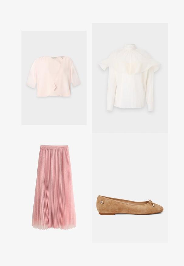 Lyserød cropped bluse med halvlange ærmer og et løst, åbent frontdesign på ensfarvet baggrund.; Hvid bluse med høj krave, tekstureret stof og overdimensionerede flæseærmer. Lange ærmer med tætsiddende manchetter, afslappet pasform hele vejen igennem.; Rosa plisseret midi-nederdel med et lag af blonder under og en rynket talje, vist på en hvid baggrund.; Beige ruskind ballet sko med en let spids tå, en sløjfe på forsiden og et lille metallic logo på hælen. Flad sål.
