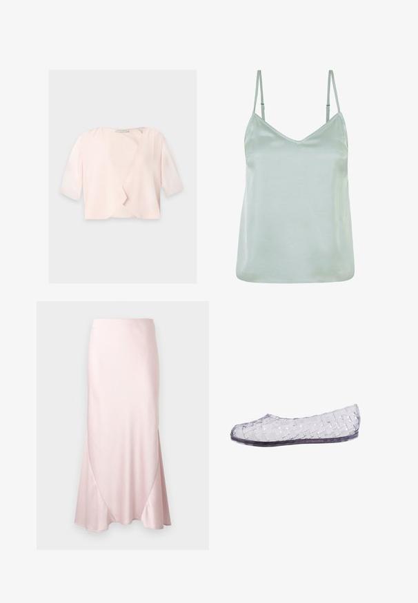 Blouse courte rose clair avec manches trois quarts et un design devant ouvert et ample sur un fond uni.; Camisole en satin vert clair avec des bretelles fines ajustables et un décolleté en V, présentant une texture lisse et une coupe décontractée.; Jupe midi en satin rose clair avec une silhouette évasée en A et des détails subtils de coutures diagonales sur un fond uni.; Chaussure plate transparente avec des brides en plastique tissé et un bout fermé, conçue pour un usage décontracté.