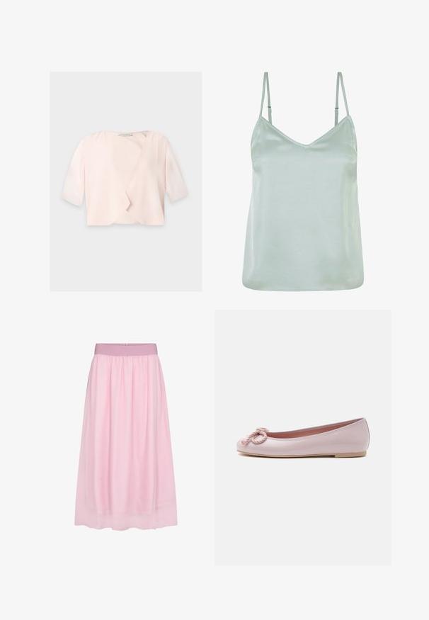 Blouse courte rose clair avec manches trois quarts et un design devant ouvert et ample sur un fond uni.; Camisole en satin vert clair avec des bretelles fines ajustables et un décolleté en V, présentant une texture lisse et une coupe décontractée.; Jupe en tulle rose avec un design doux et transparent. Elle présente une taille élastique et une silhouette fluide, créant un effet superposé.; Ballerine en cuir verni rose clair avec bout arrondi, nœud en corde torsadée sur le devant et semelle basse beige sur fond blanc.