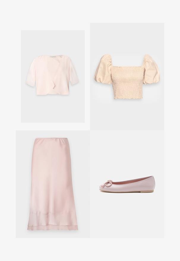 Lyserød cropped bluse med halvlange ærmer og et løst, åbent frontdesign på ensfarvet baggrund.; Kortærmet, cropped top i beige med smocket tekstur, der har puffærmer og en flæsekrave. Lavet af letvægtsstof.; Lyserød satin midi-nederdel med elastisk talje og lagdelt kantdetalje, præsenteret på en ensfarvet hvid baggrund.; Lyserød lakballerina med rundet tå, snoet snøre sløjfe foran og lav beige sål på hvid baggrund.