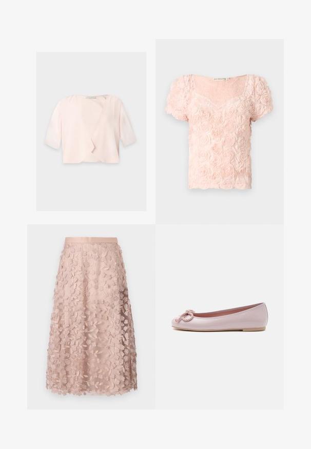 Lyserød cropped bluse med halvlange ærmer og et løst, åbent frontdesign på ensfarvet baggrund.; Lyserød kortærmet bluse med 3D blomstermønster af roser og en rundet V-udskæring på ensfarvet baggrund.; Blonder midi-nederdel i blød pink med blomstermotiver, der har en tætsiddende linning og lagdelt design, hvilket fremhæver en delikat struktur.; Lyserød lakballerina med rundet tå, snoet snøre sløjfe foran og lav beige sål på hvid baggrund.