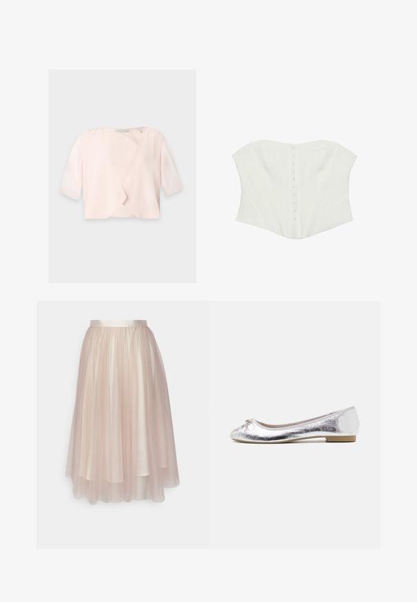 Lyserød cropped bluse med halvlange ærmer og et løst, åbent frontdesign på ensfarvet baggrund.; Hvid stropløs korset med frontlukning med hægte- og øjenlukning og strukturerede sømme til formgivning.; Ida Sjöstedt FLAWLESS SKIRT - A-snit nederdel - warm beige; Sølv balletflade med metallisk finish, rund tå, sløjfeaccent foran og en lav hæl for ekstra komfort.