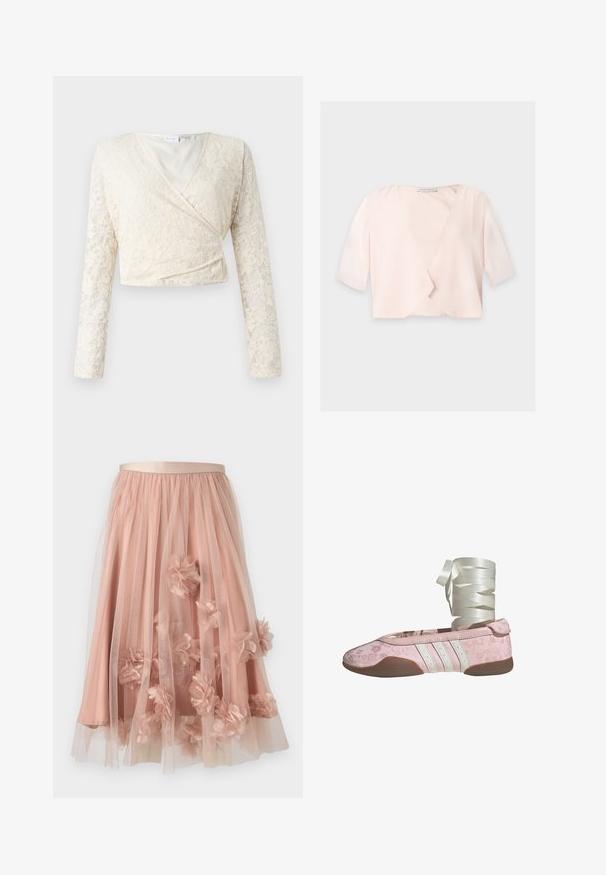 Blouse courte rose clair avec manches trois quarts et un design devant ouvert et ample sur un fond uni.; Haut en dentelle crémeux avec des manches longues, décolleté en V et motif floral. Doublure intérieure lisse, le design court met en valeur la texture de la dentelle.; Jupe en tulle rose pâle avec une ceinture en satin. Comprend plusieurs couches de tissu transparent et des appliqués floraux en trois dimensions sur toute la surface.; Ballerine rose avec texture florale, accents en cuir blanc et trois rayures blanches. Dotée d'une semelle souple et d'un ruban pour le laçage.