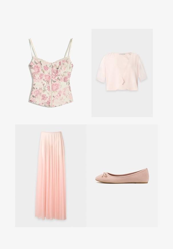 Light pink cropped blouse with half sleeves and a loose, open front design on a plain background.; Floral corset-style top with pink flowers and green leaves on cream background, thin cream straps, and lace trim along the neckline.; Long, pleated, pale pink chiffon skirt with an elastic waistband, displayed against a plain white background.; Ballet flats made of soft pink suede featuring a rounded toe and a small bow detail on the front, with a low flat sole.